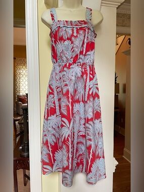 Talbots red with aqua & white palm tree designs dress Sz 2 petite